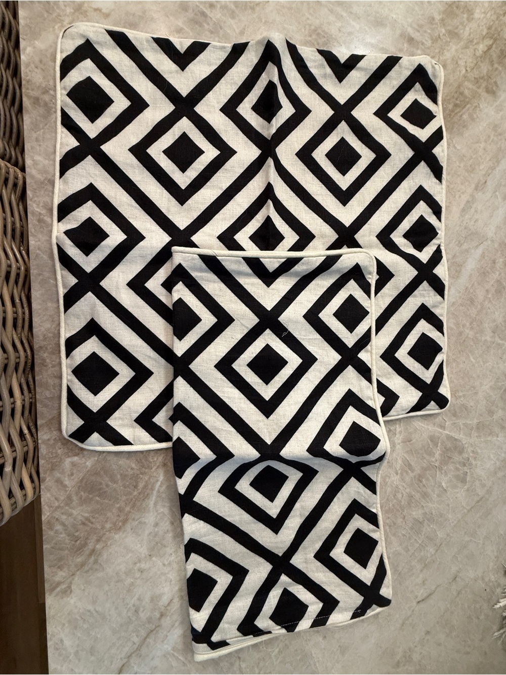 2 Black and White Geometric Linen Pillow Covers 21x21